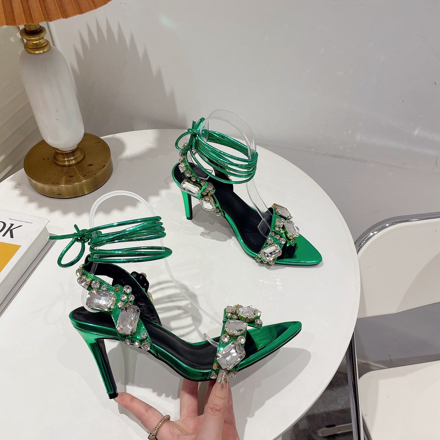 Fashionable cross strap rhinestones with exposed toes and high heels sandals
