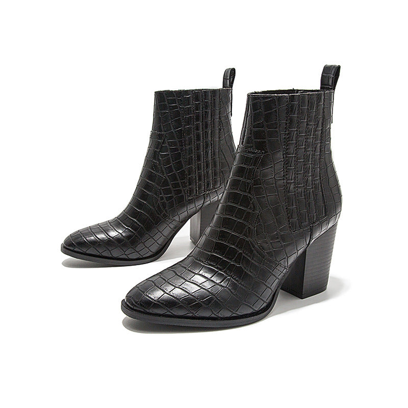 Autumn and Winter New Fashion Short Boots Thick Heels High Heels Crocodile Pattern Women's Leather Martin Boots
