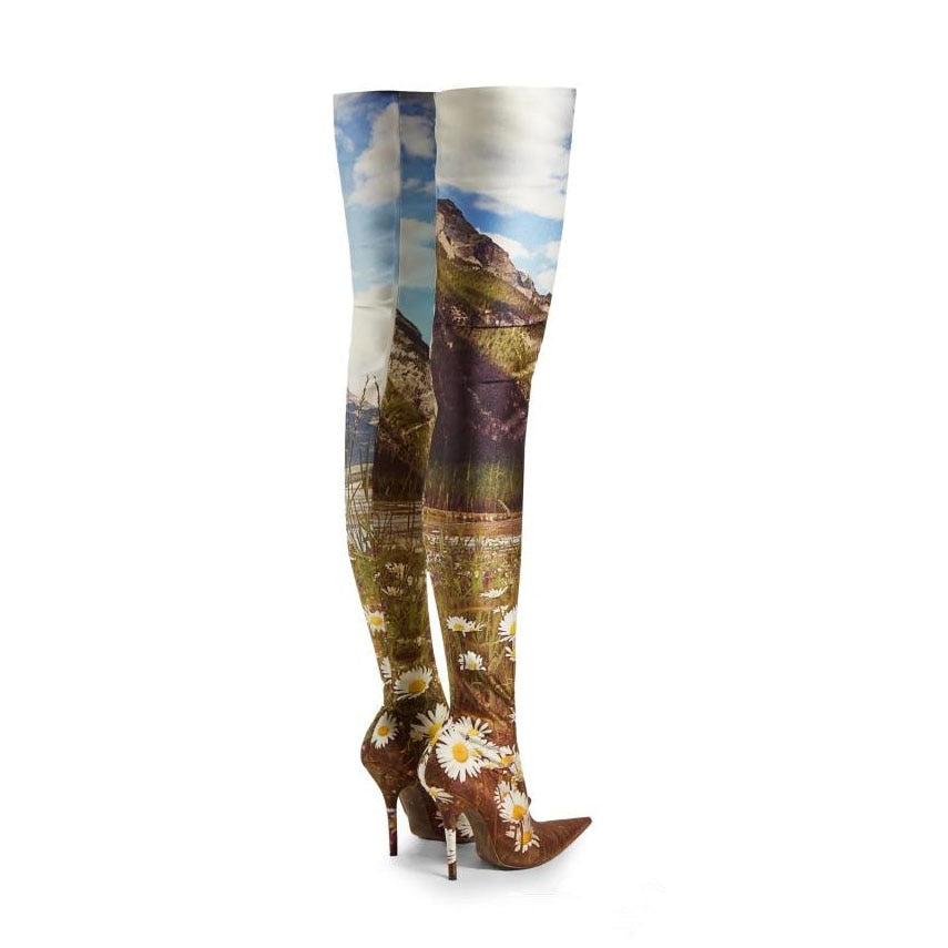 Arden Furtado Spring Autumn Women Over The Knee Boots Print Pointed Toe Stilettos High Heels 10cm Fashion women's Boots Size 48