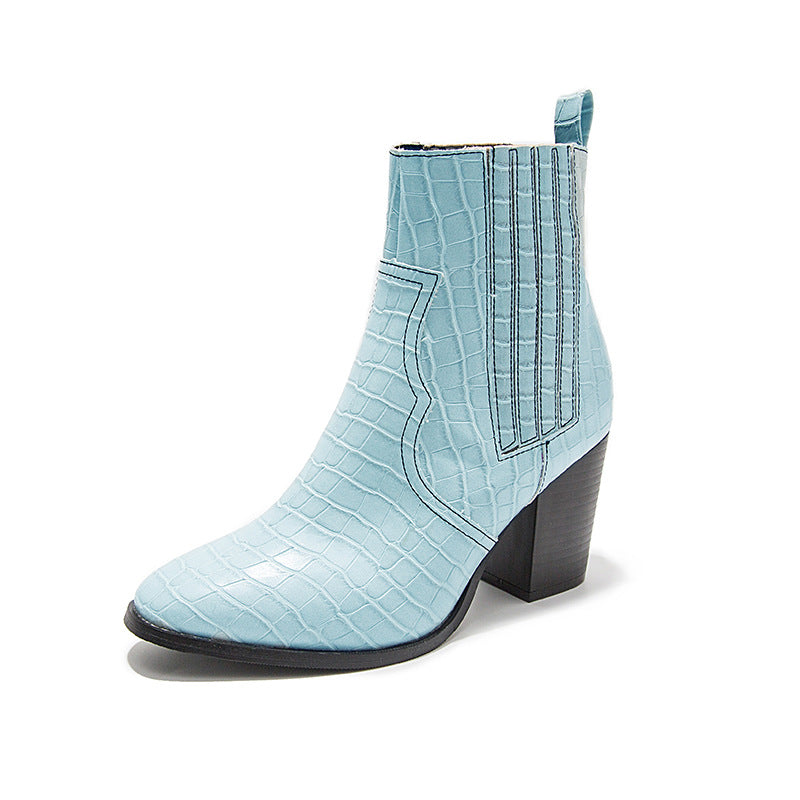Autumn and Winter New Fashion Short Boots Thick Heels High Heels Crocodile Pattern Women's Leather Martin Boots