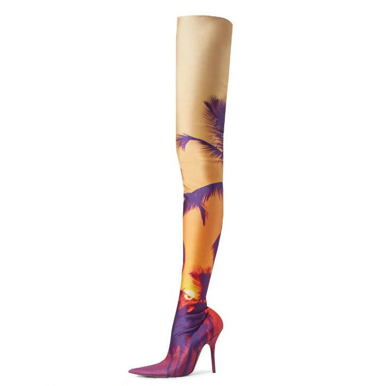 Arden Furtado Spring Autumn Women Over The Knee Boots Print Pointed Toe Stilettos High Heels 10cm Fashion women's Boots Size 48