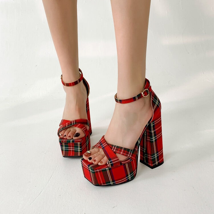 sandals women calico thick high heels summer platform shoes women sexy open-toe rome sandalias red shoes