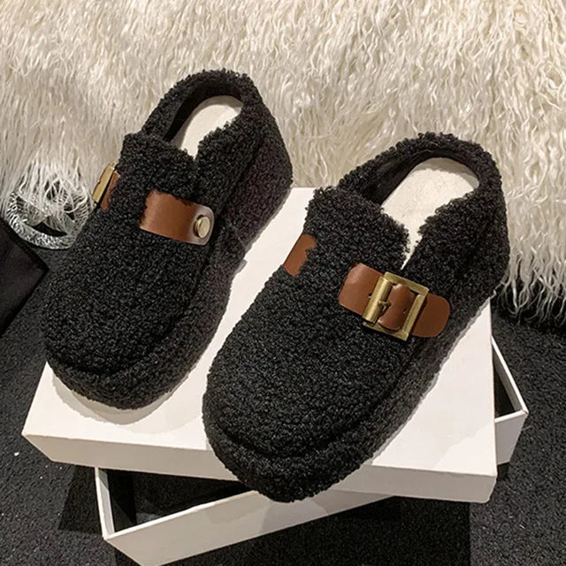 New Women Wedge Heel Lambswool Slippers Casual Thick Sole Outdoor Mules Warm Plush Women Cotton Shoes Fashion High Heels Slides