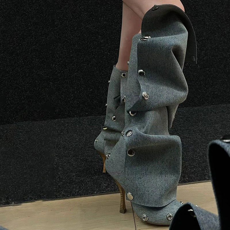 Stud Pleated Cowboy Boots Pointed Toe High Heels Blue\Brown Knee High Boots Sexy Luxury Runway Zip Shoes for Women Fall