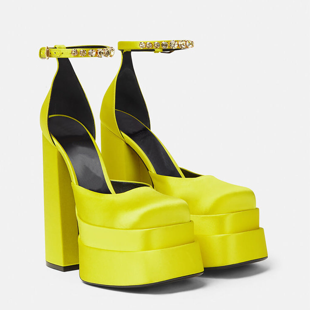 Super High Heel Platform Thick Heel Hollow Square Toe Satin Hate Sky High Baotou Plus Size Catwalk Sandals High Heels