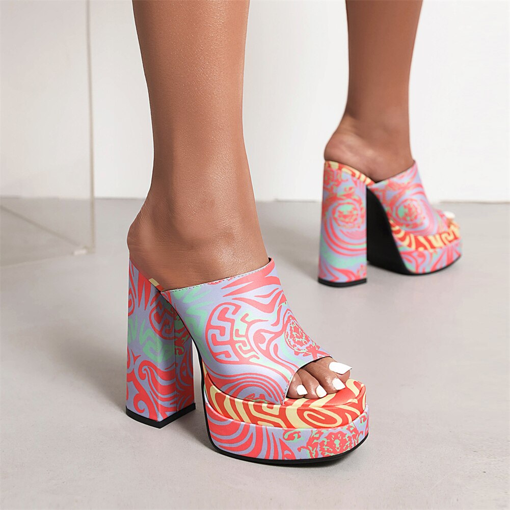 Mixed Color Platform Mule Sandals For Women Slip On Chunky Heel Super High Heels Brand New High Quality Shoes