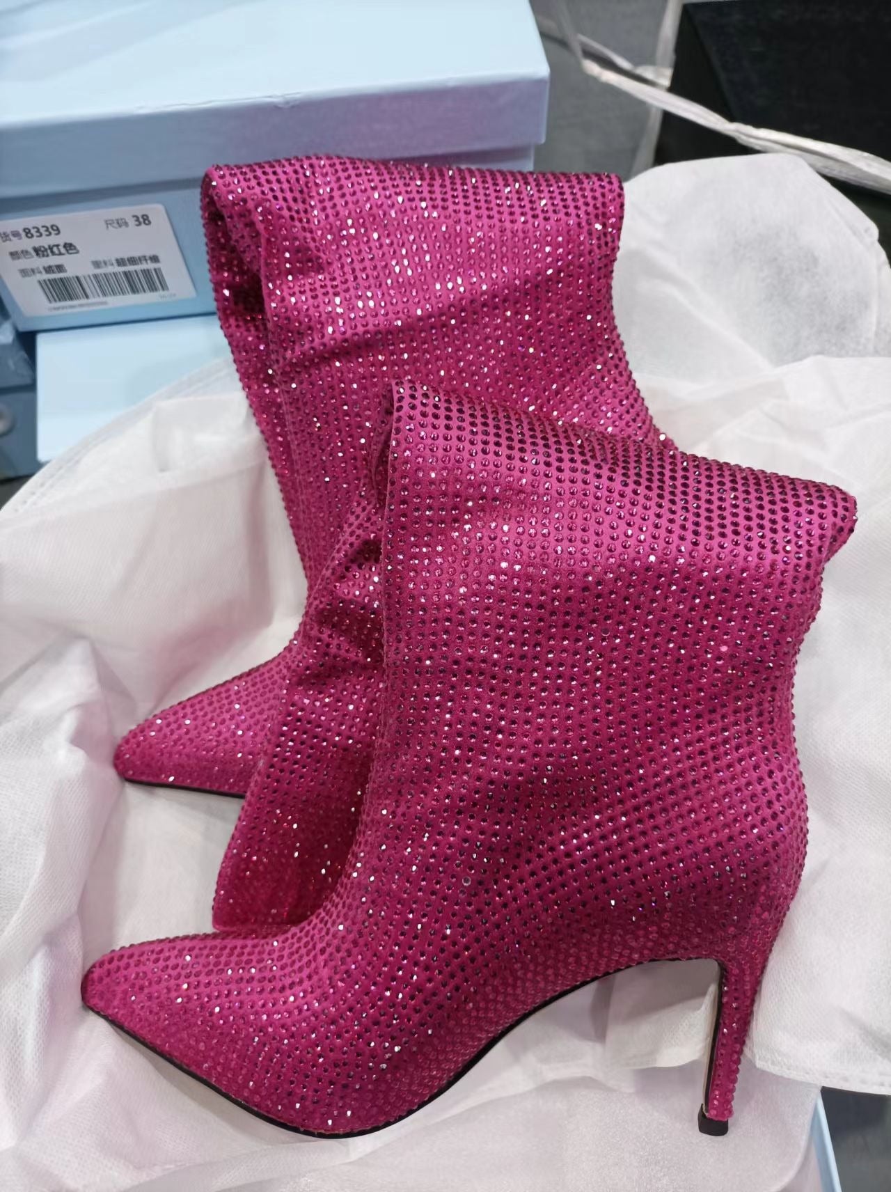 European and American fashion hot diamonds, high heels, pointed toe, knee length, slim heels