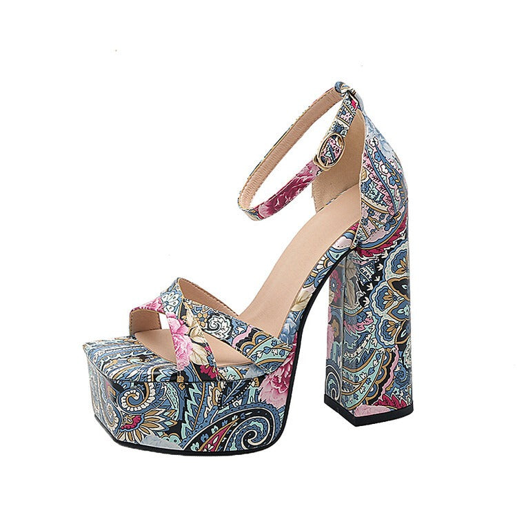sandals women calico thick high heels summer platform shoes women sexy open-toe rome sandalias red shoes