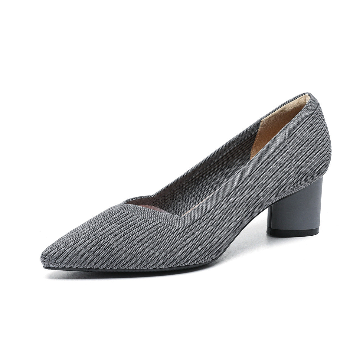 High heels for women thick heel pointed V-neck straight stripe solid color