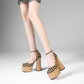 Leather Super Heels Platform Banquet High Heels Colorblock Chunky Heel High Sandals