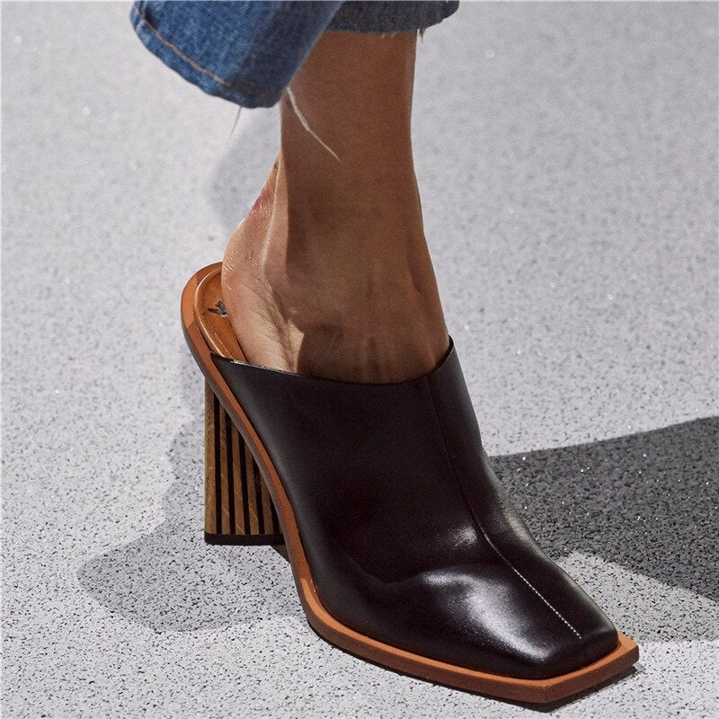 Summer Europe and The United States Catwalk High-Heeled Square Toe Toe Slippers Shaped Heel Sandals Large Size Ladies High Heels