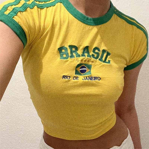 BRASIL Brazil Vintage Color Block Crop Top, Embroidered Short/Long
