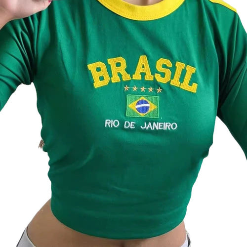 BRASIL Brazil Vintage Color Block Crop Top, Embroidered Short/Long